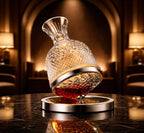 Decorative wine decanter bottle with liquid on a reflective surface in an elegant room.
