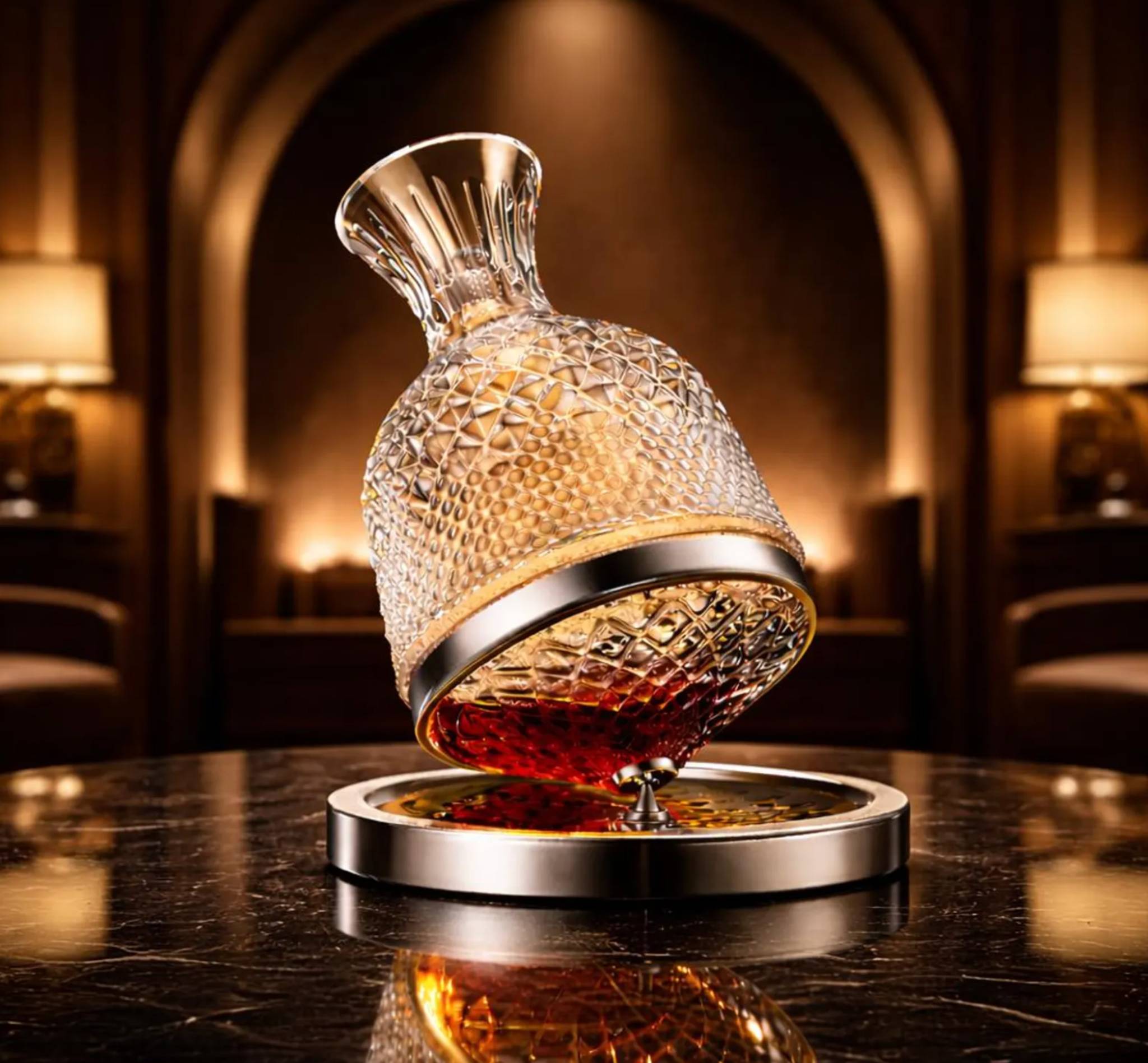 Decorative wine decanter bottle with liquid on a reflective surface in an elegant room.