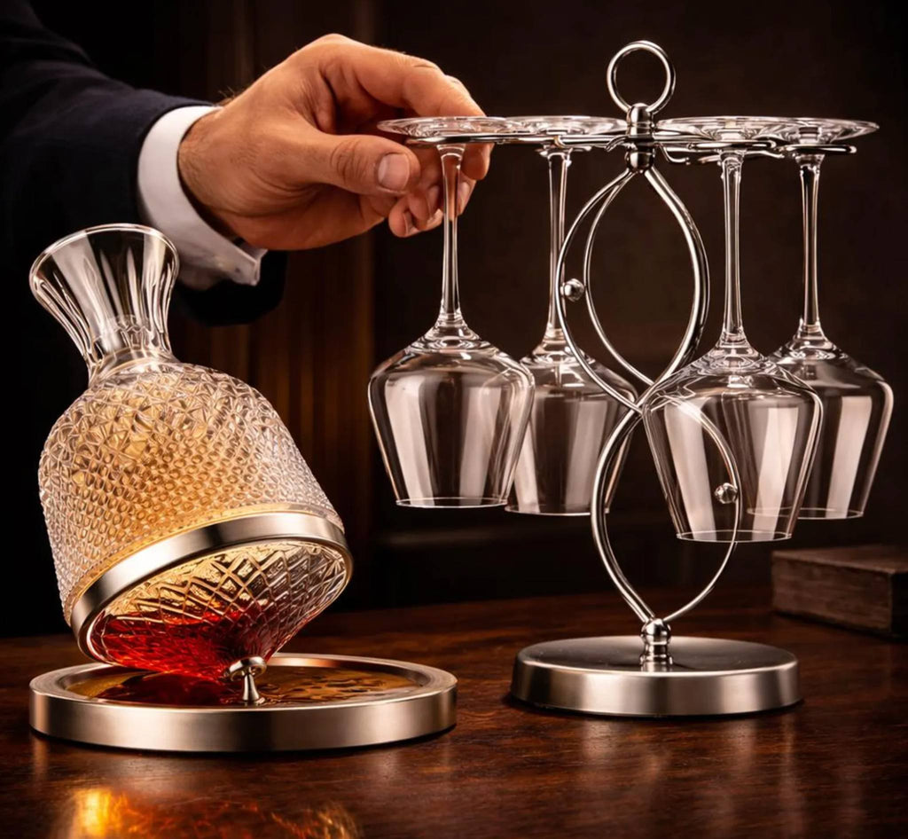 Decanter with set of wine glasses on a wooden surface,home barware