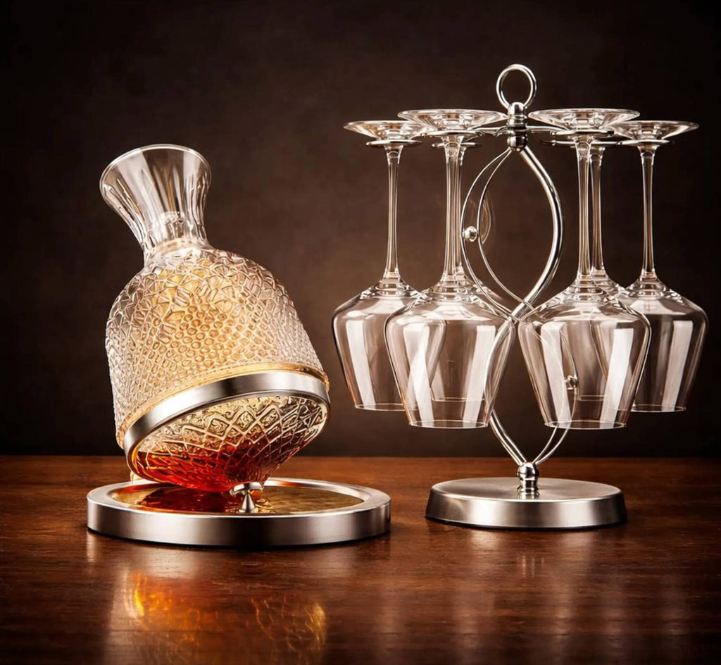 Decorative glass decanter with a stand and hanging wine glasses on a wooden surface.