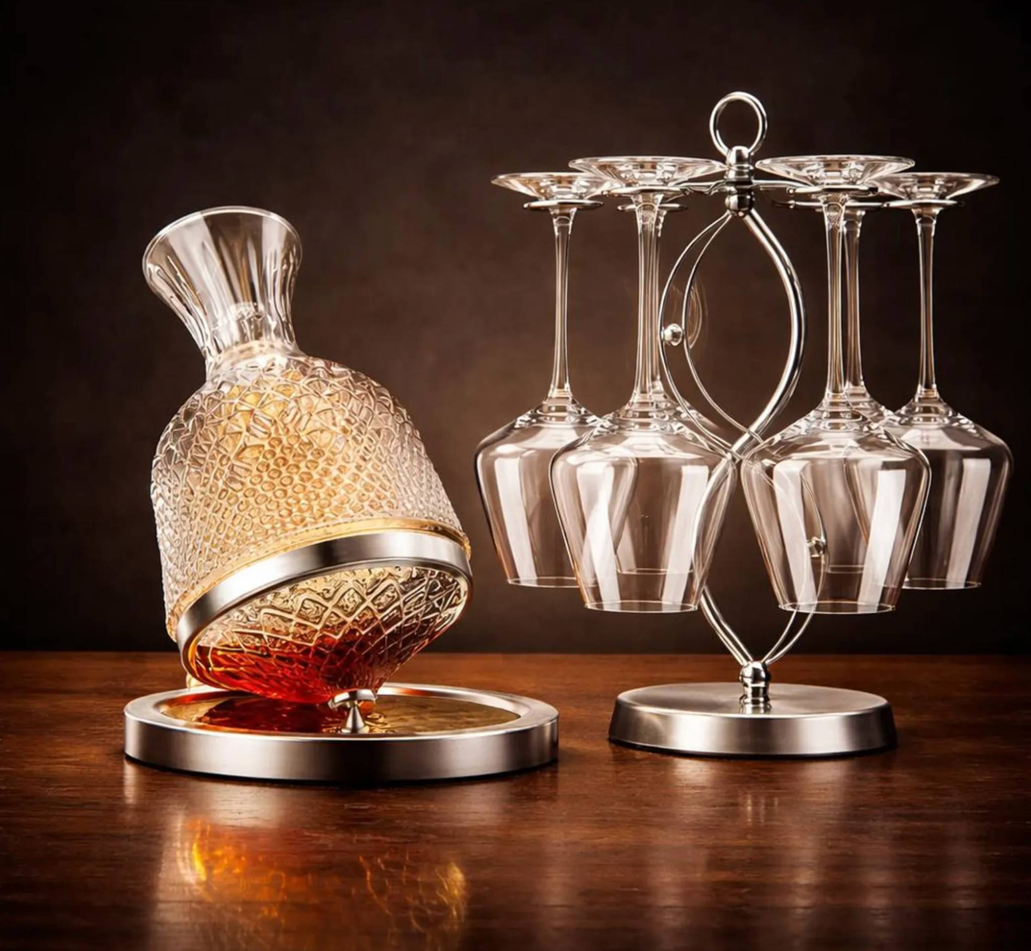 Decorative glass decanter with a stand and hanging wine glasses on a wooden surface.