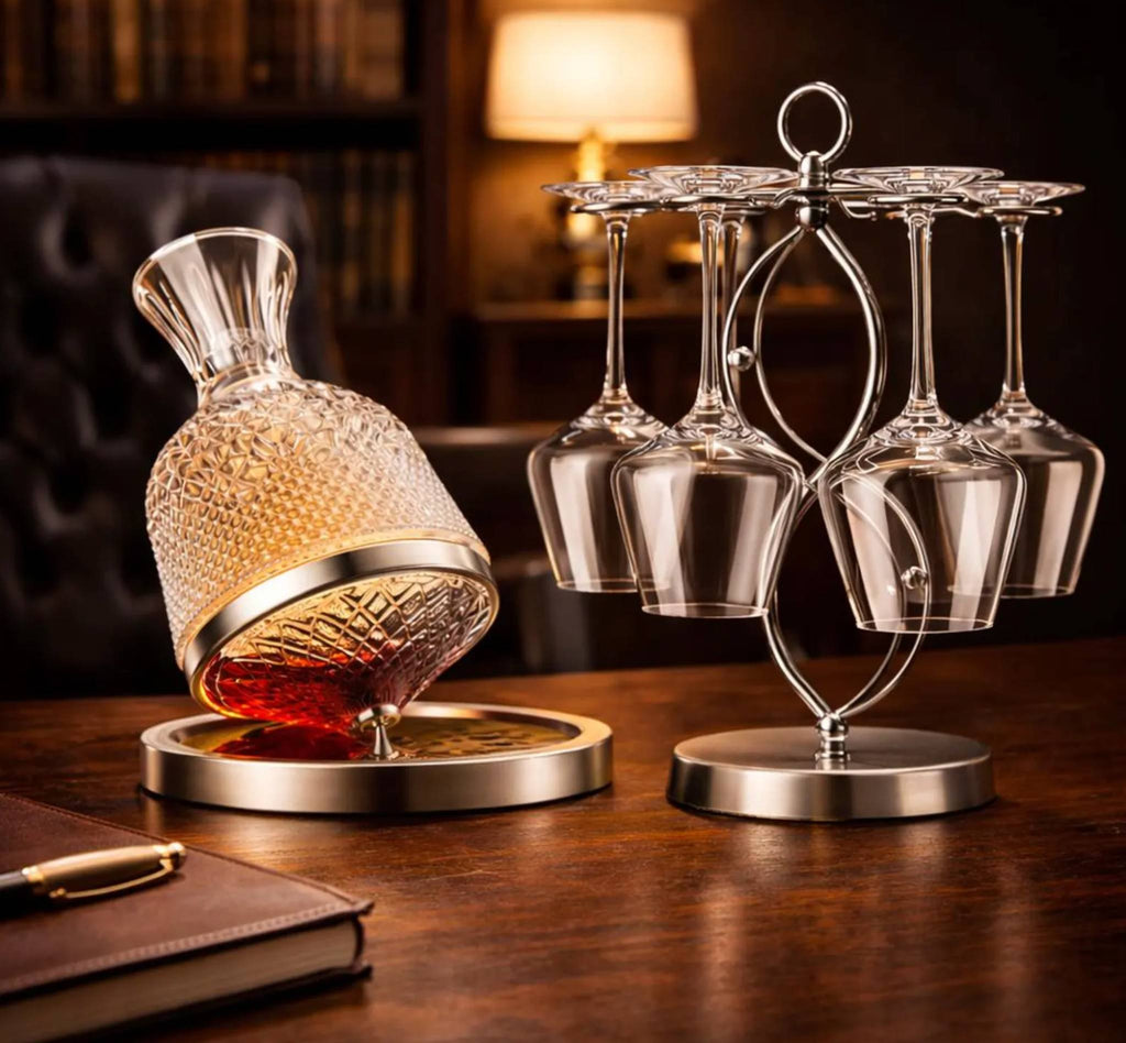 Wine decanter and glass holder on a wooden table with a warm ambiance.