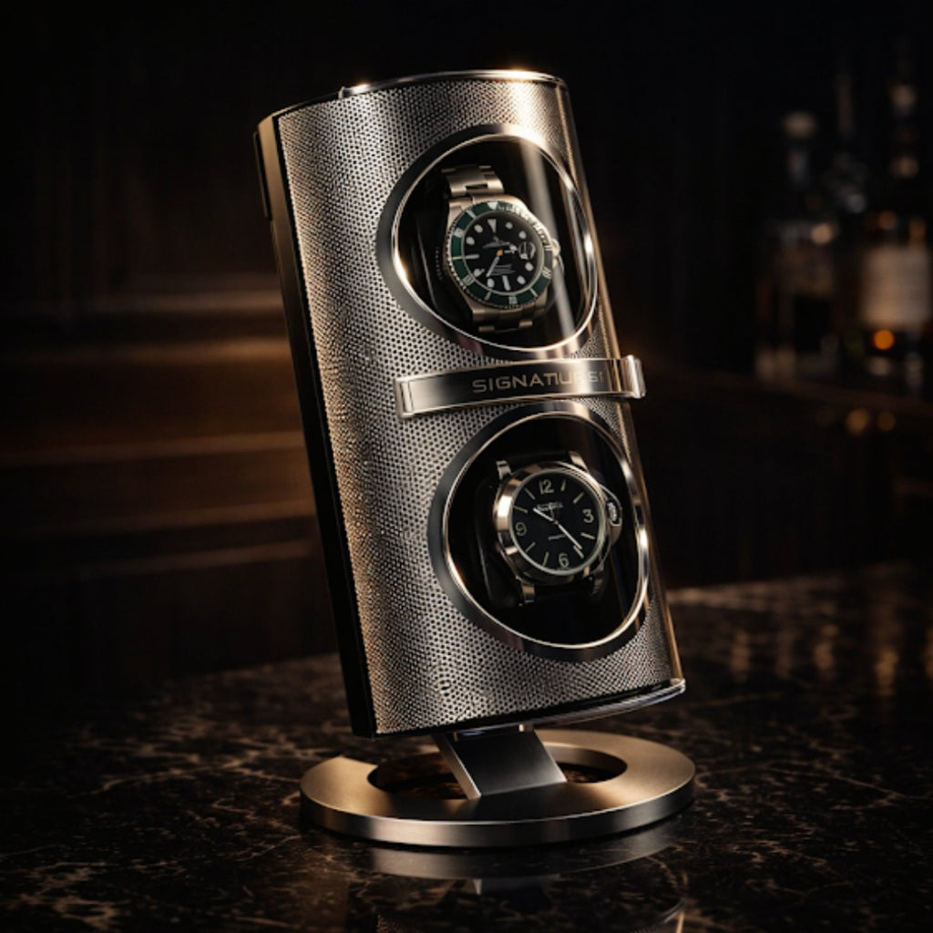 Silver watch winder with two watches 
