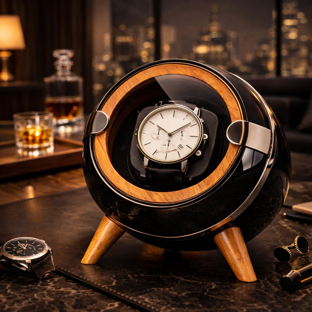 Watch winder with a watch inside on a table with a cityscape background