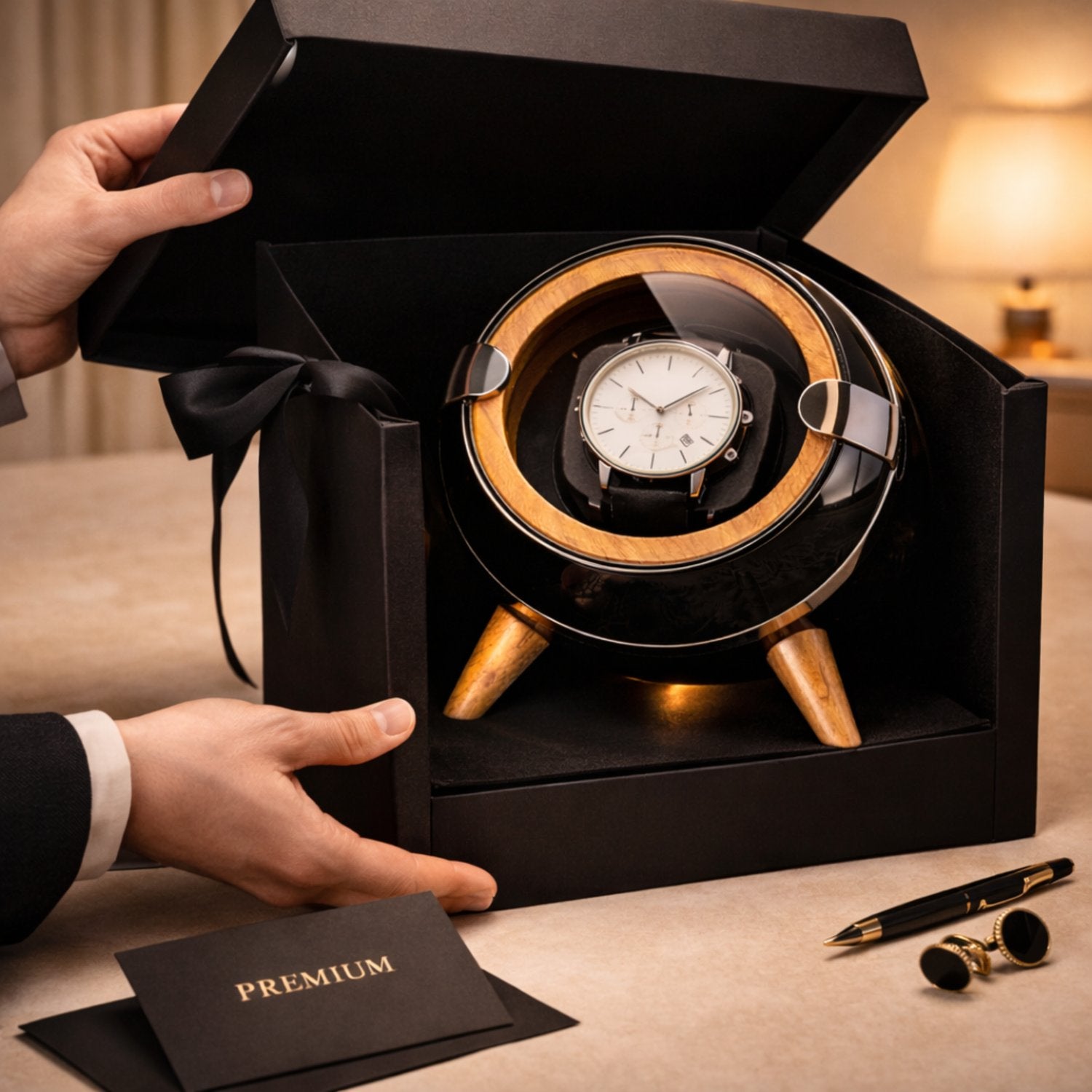 Watch in a black winder box with a bow, on a table with a card labeled 'Premium'.