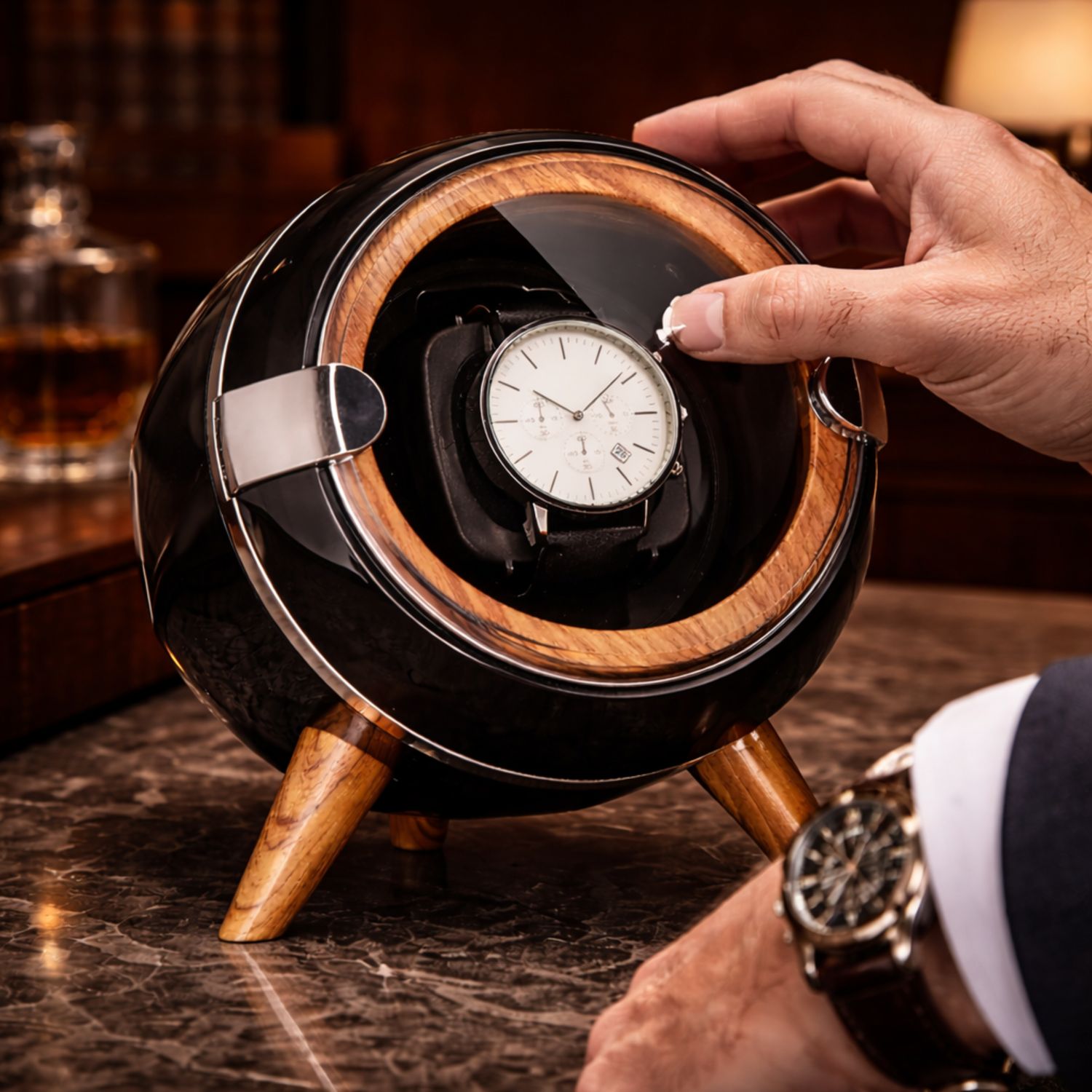 watch winder on a marble surface