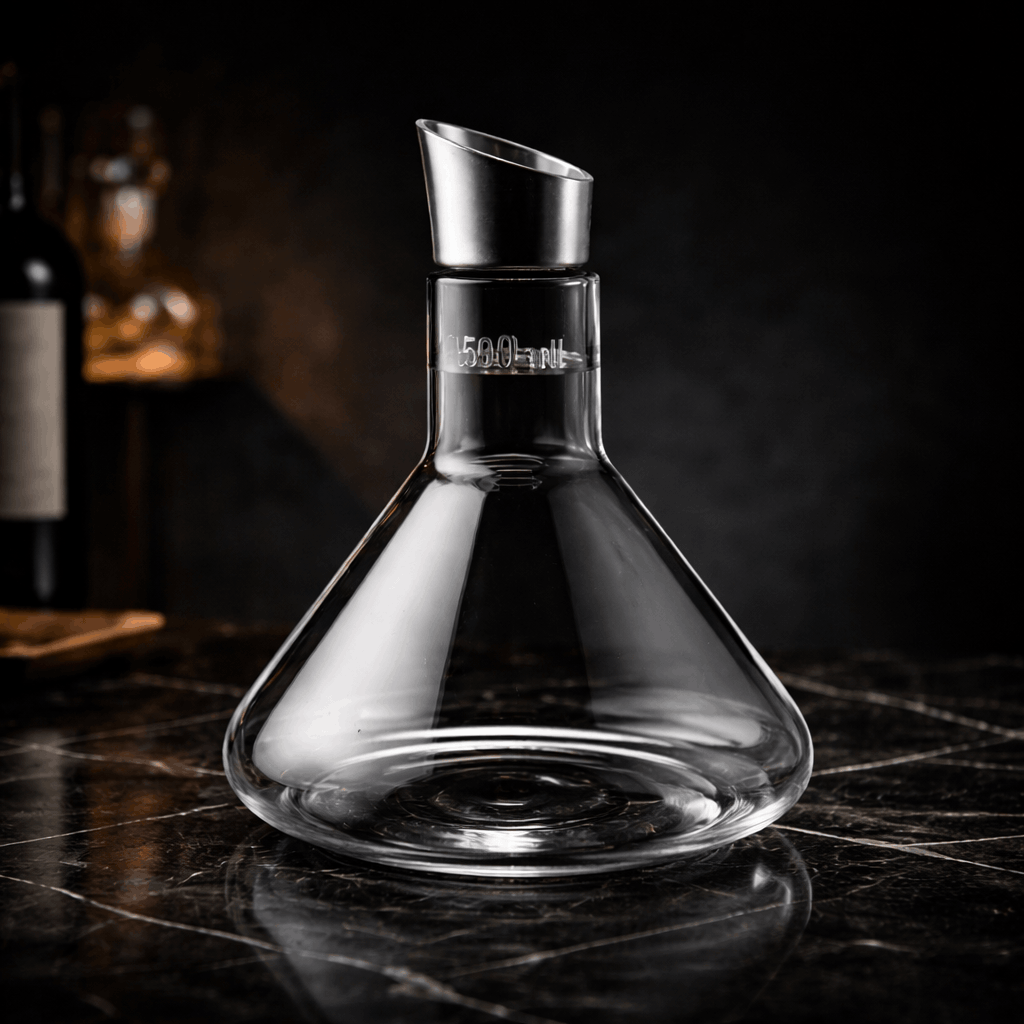 Clear glass decanter on a dark surface with a blurred background