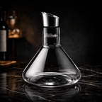 Clear glass decanter on a dark surface with a blurred background