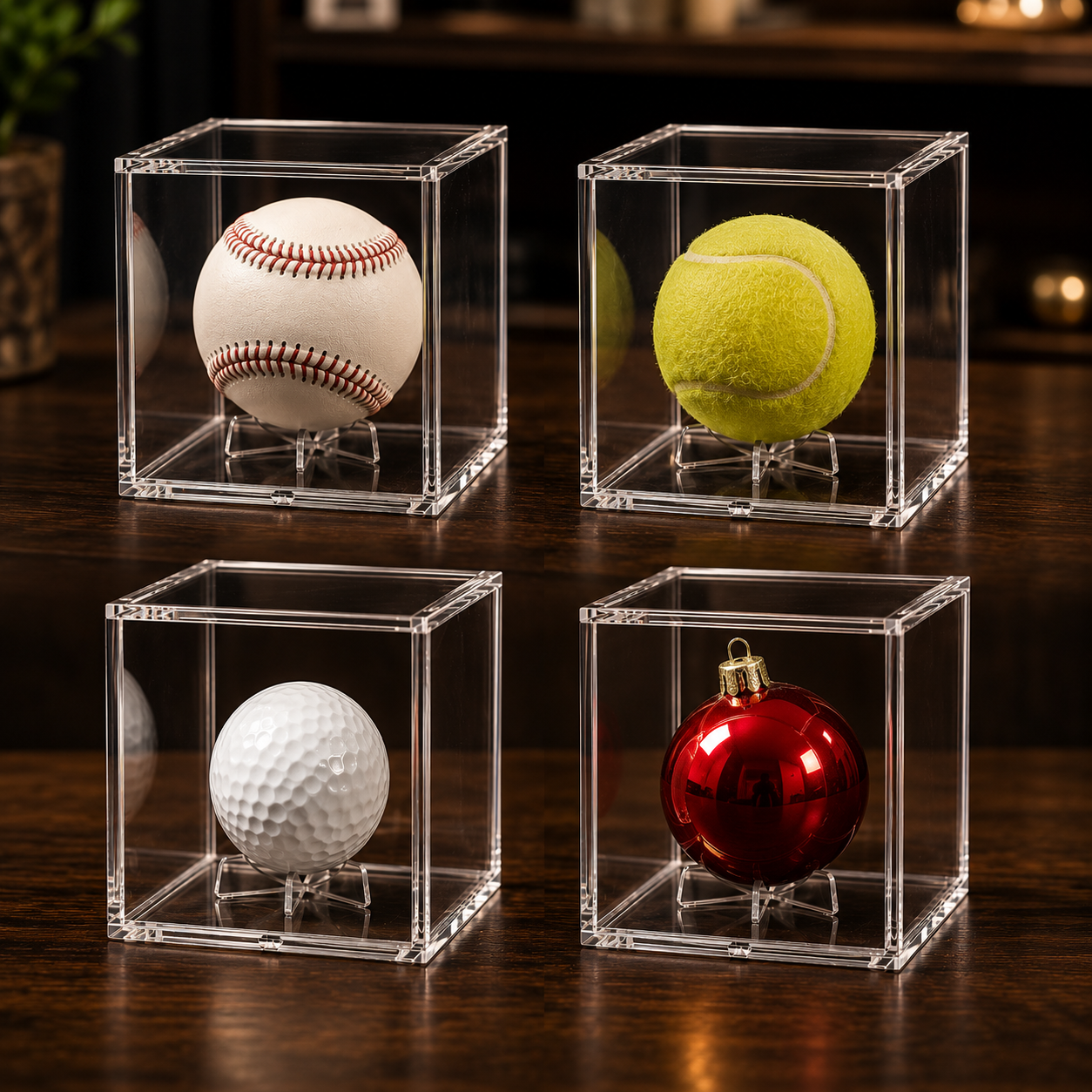 Four clear display cases with baseball, tennis ball, golf ball, and red ornament on a wooden surface.