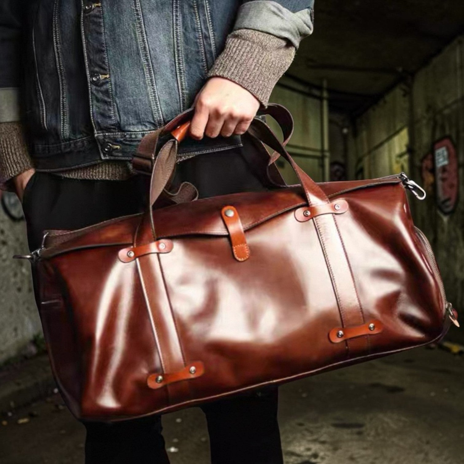 handmade leather bag men close up details