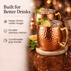 Copper mugs with drinks on a wooden surface, featuring text about product benefits.