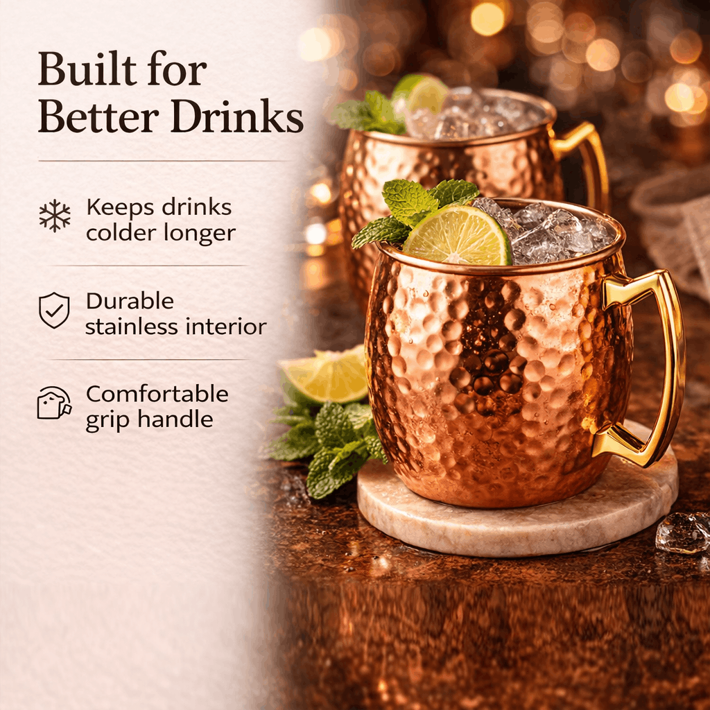 Copper mugs with drinks on a wooden surface, featuring text about product benefits.