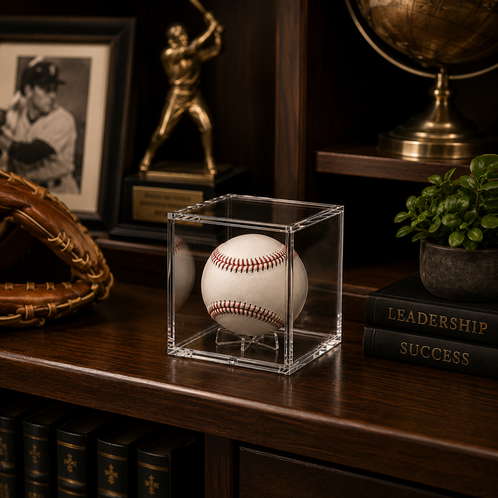 Baseball in a clear cube on a wooden shelf with books, a globe, and a baseball glove.
