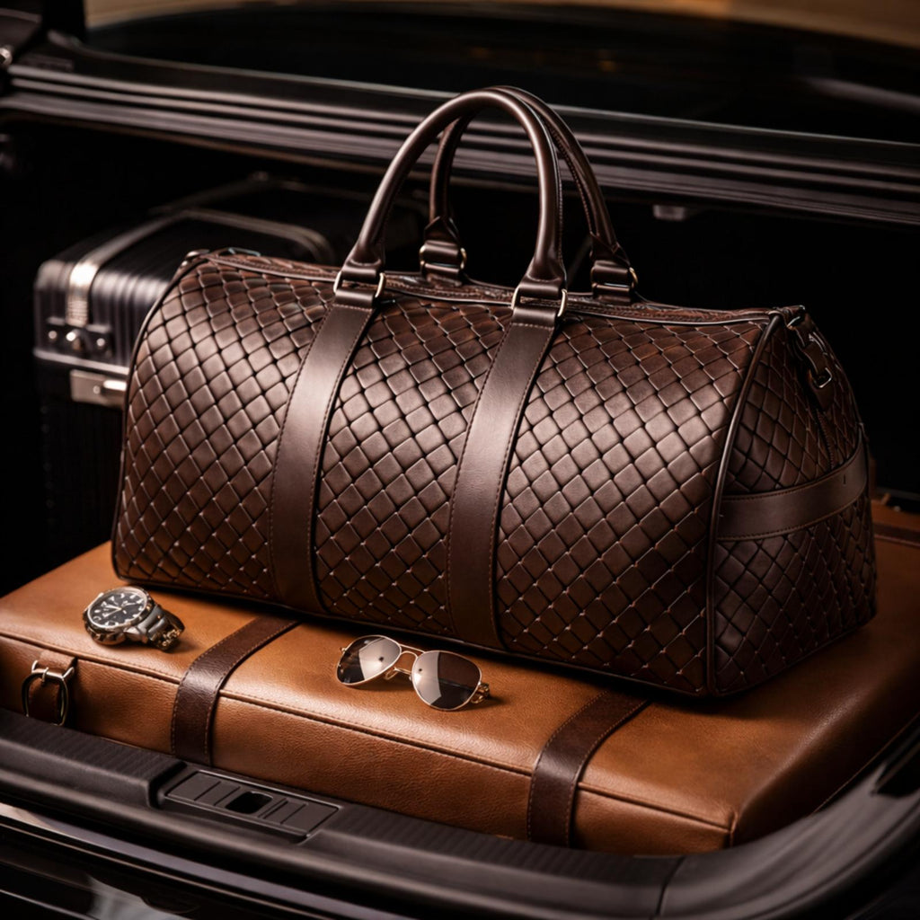 Brown woven duffel bag on a suitcase with sunglasses and watch