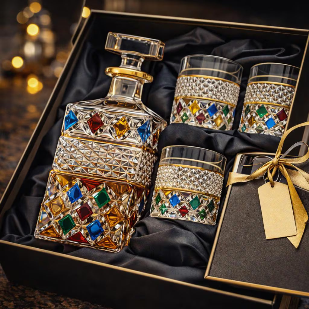 Decorative decanter and glasses with gemstone accents in a gift box.