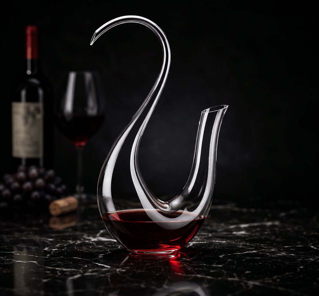 Glass wine decanter shaped like a swan with red wine on a dark surface, with a bottle and glass in the background.