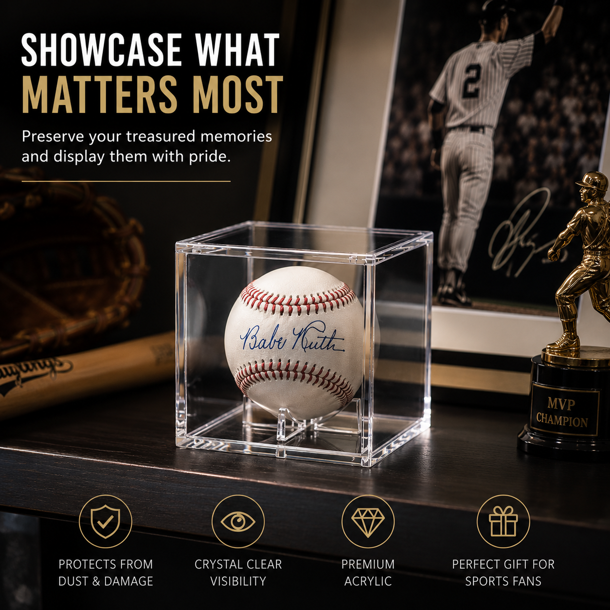Signed baseball in a clear display case with promotional text and sports memorabilia in the background.