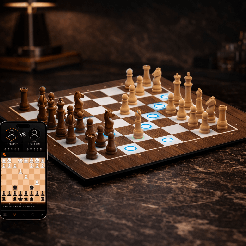 Smart chess board showing LED hints to help players learn and improve their game