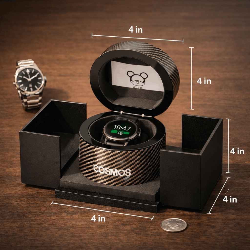 Black watch box with a smartwatch inside, labeled 'Cosmos', on a wooden surface with measurement markings.