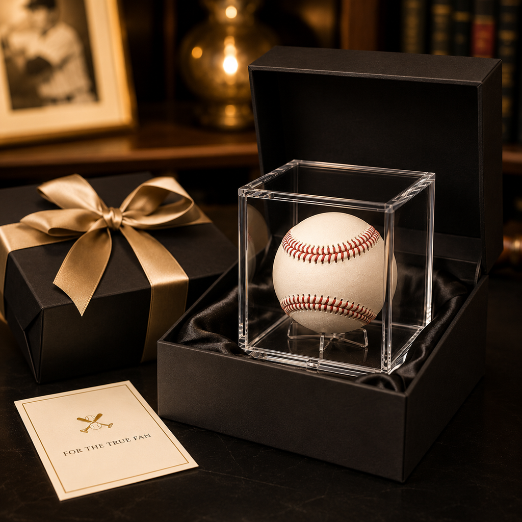 Baseball in a clear display case with a gold bow and card on a dark surface.