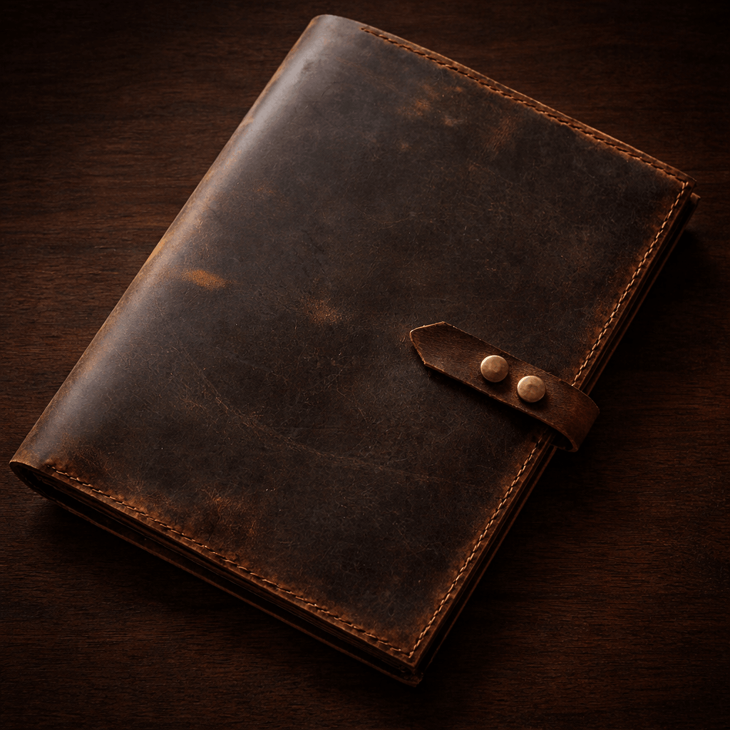 Vintage style leather portfolio folder with multiple compartments for work essentials
