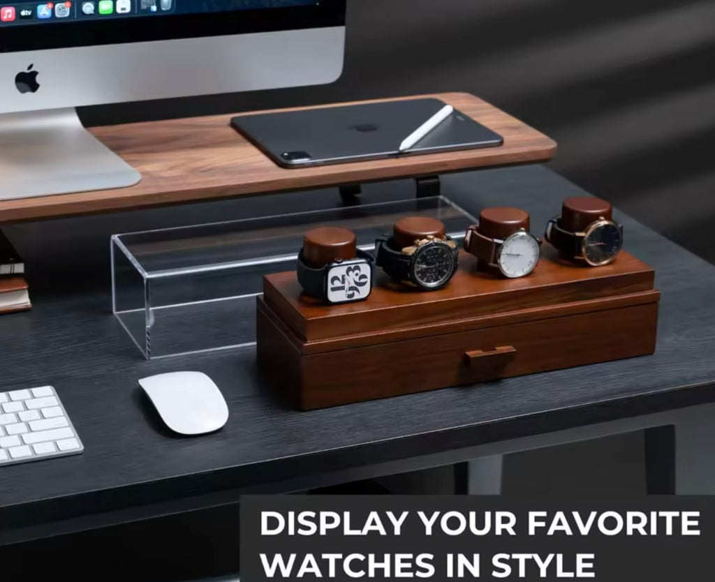 Wooden watch display stand with watches 