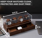 Wooden watch holder with clear top section displaying watches, dimensions indicated, on a desk.