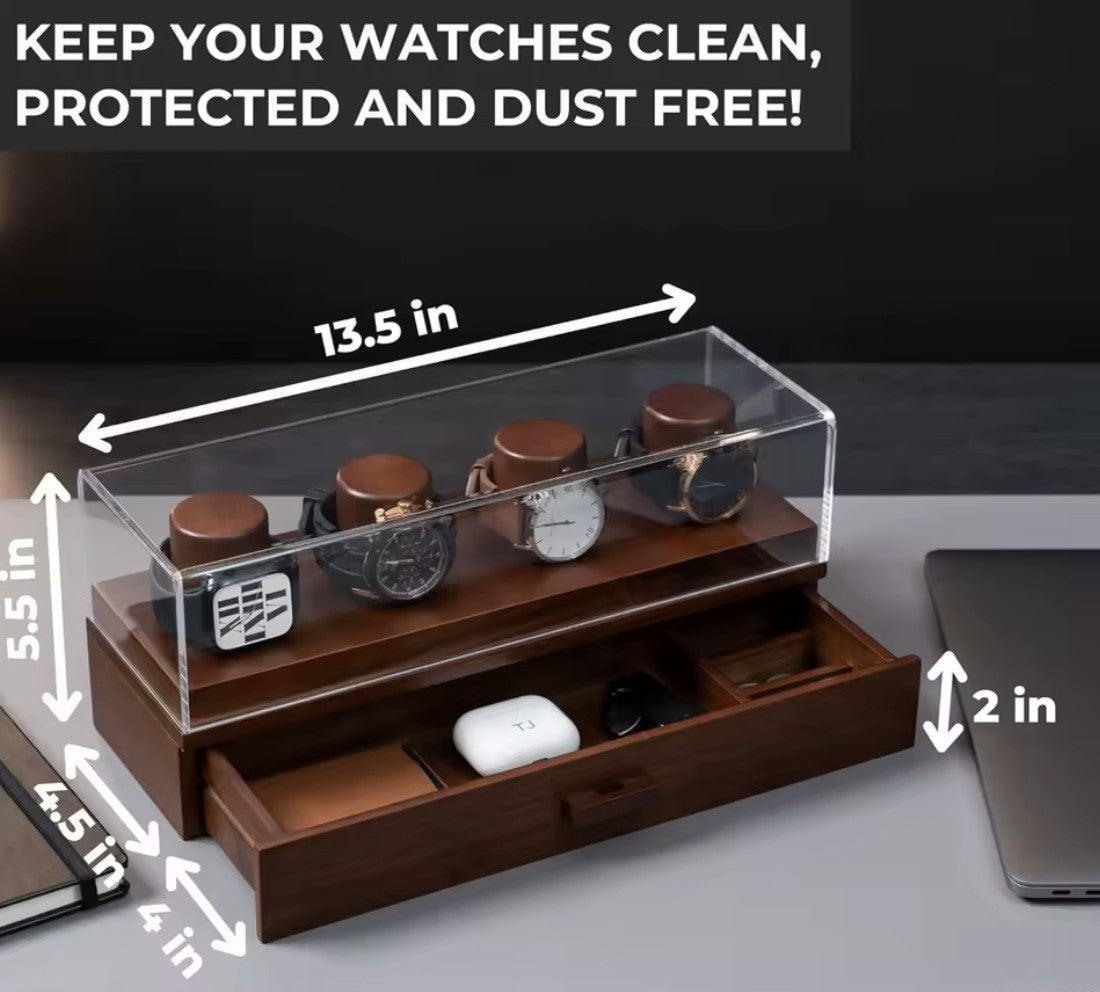 Wooden watch holder with clear top section displaying watches, dimensions indicated, on a desk.