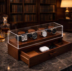 Wooden watch display case with transparent top 
