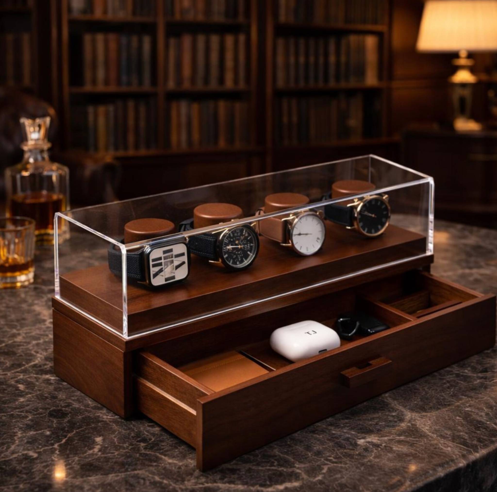 Wooden watch display case with transparent top 
