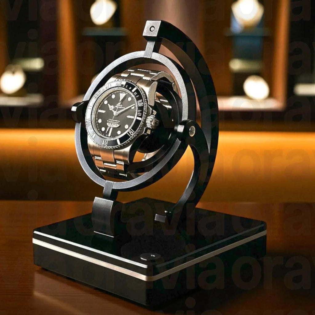 Watch on a decorative stand with a blurred background