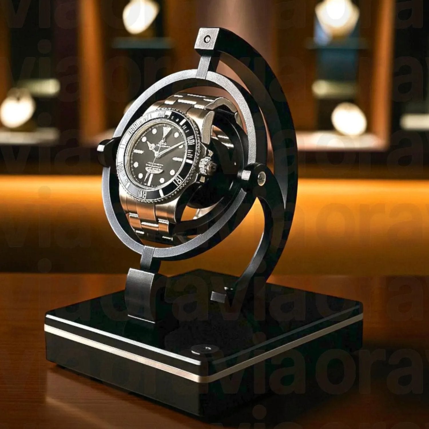 Watch on a decorative stand with a blurred background