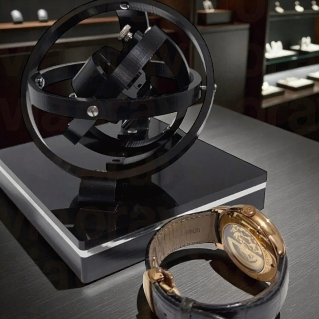 Black spherical watch winder on a stand with a gold watch on a table