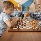 Detail of wooden smart chess board surface with classic chess pieces
